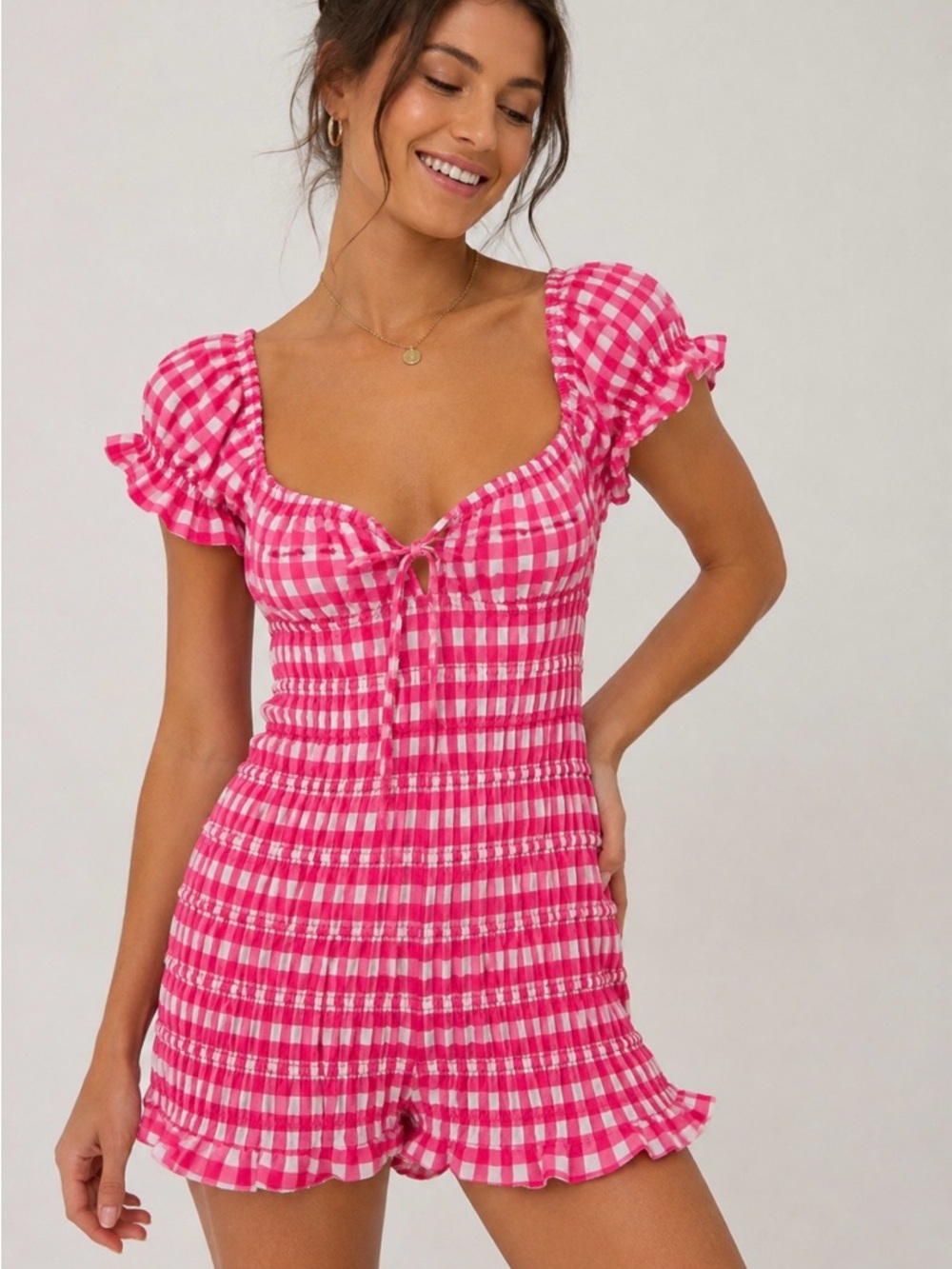 ASOS Pink and White Gingham Smocked Romper